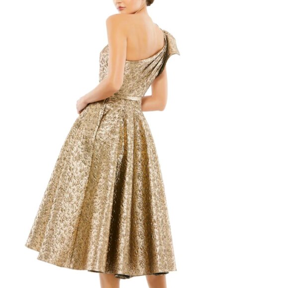 MAC DUGGAL 67906 ONE SHOULDER BOW MIDI ANTIQUE BRONZE METALLIC BROCADE DRESS 2 - Picture 2 of 5